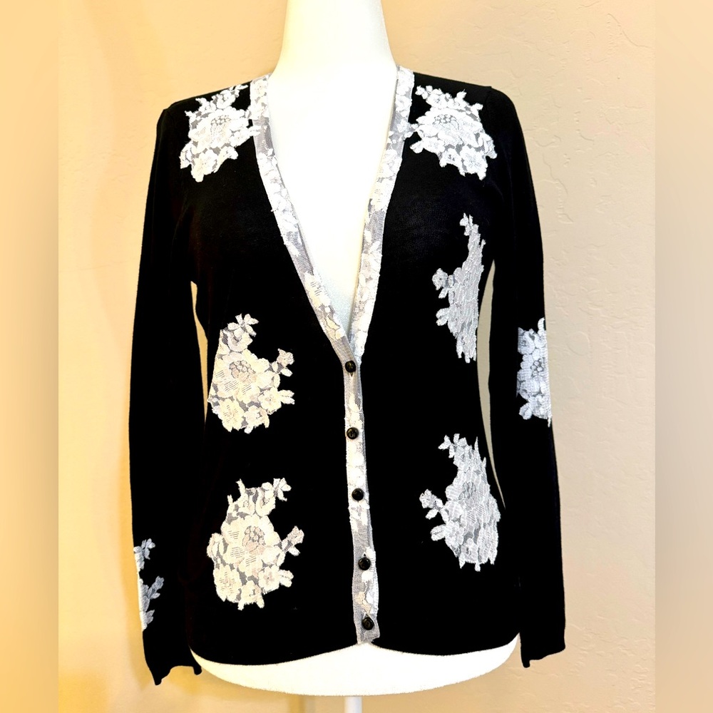 Boutique Essentials Black Cardigan with Off White Appliquéd Lace Size M